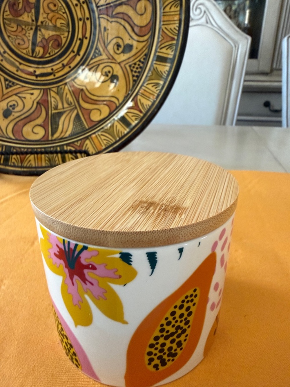 Ceramic Storage Jar with Bamboo Lid - Yellow & Red Leaf Design - Picture 4 of 13